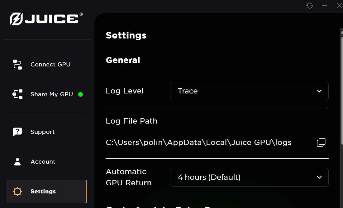 Juice Desktop App Settings with Log Level set to Trace